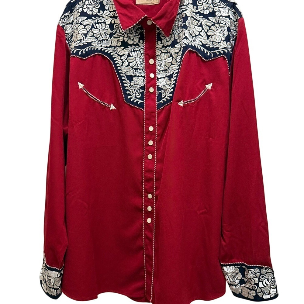 Scully Mens Floral Tooled Embroidery Red/White/Blue Poly/Rayon‎ L/S Shirt XXL